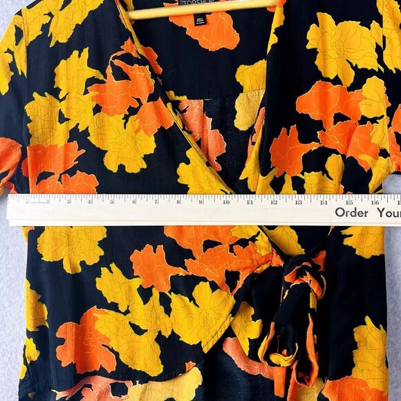 TopShop Crop Blouse Womens 4 Black Tropical Wrap Front Boho Office Top - Picture 9 of 15